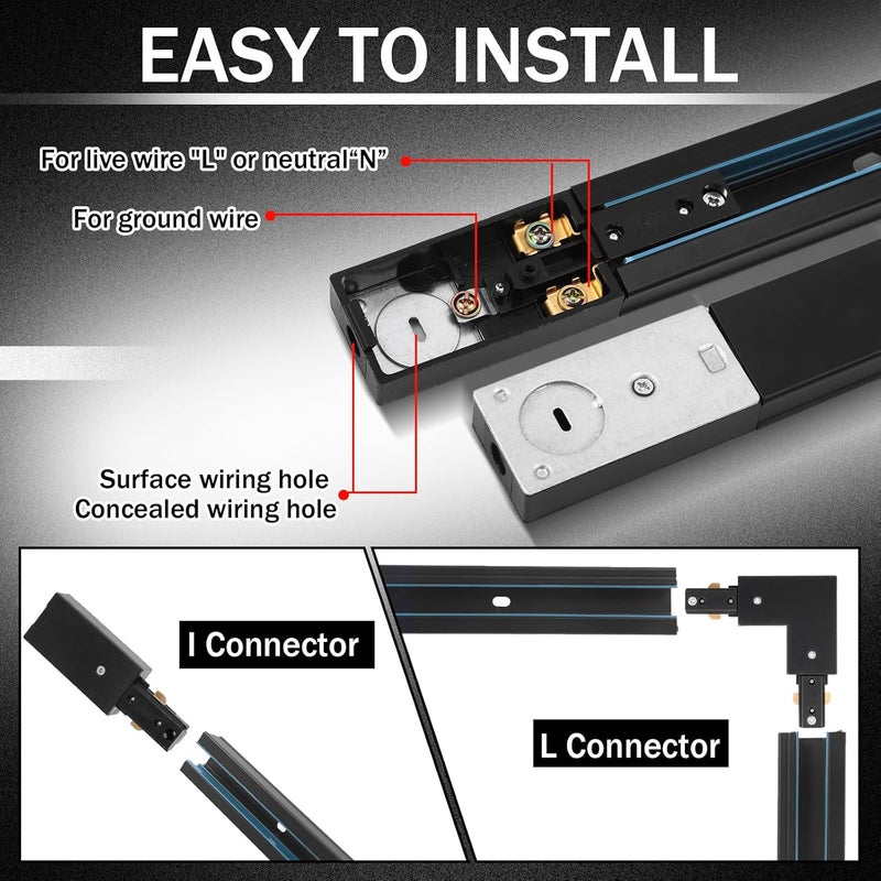 Kingdder H Track Lighting Rails Kit 26 ft Black 3 Wire Floating Canopy Connector, I and l Connector with End Caps and Live End Feed for Single Circuit H Style LED Track Lighting Heads - Image 4
